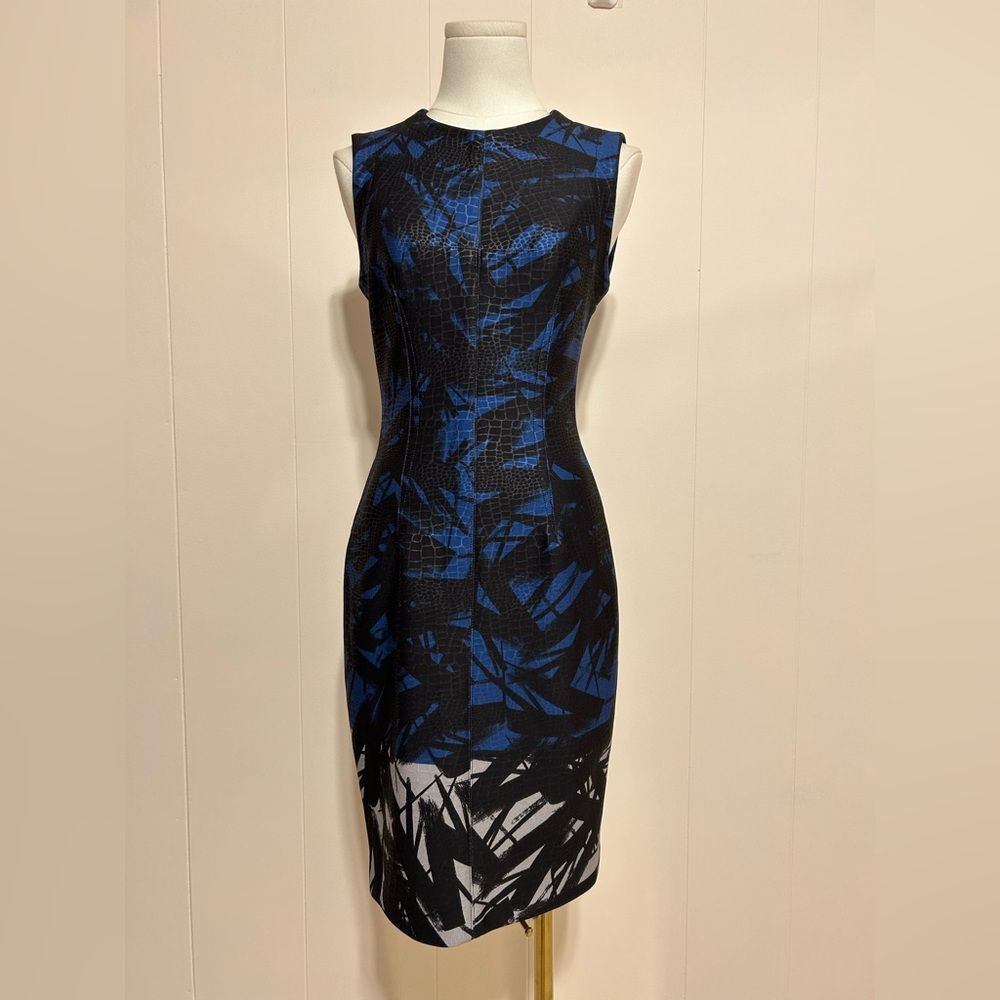 Yigal Azrouel Black and Blue Patterned scuba sheath Midi Dress size 6